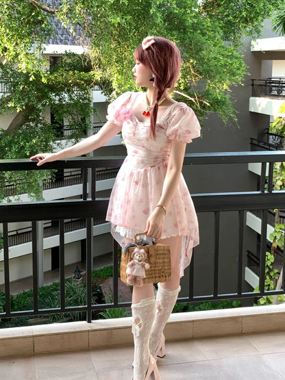 Picnic Girl Floral Pink Flower Chiffon Puff Sleeve Dress