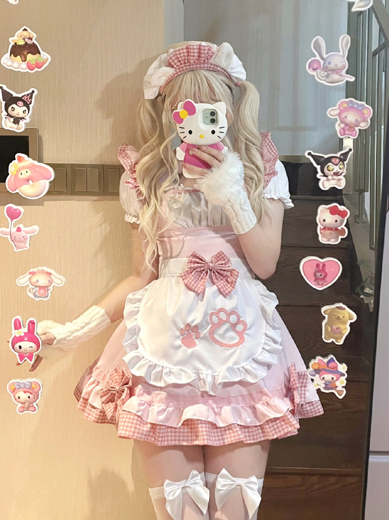 Serendipity Cat Paw Black Pink Bow Cosplay Maid Dress