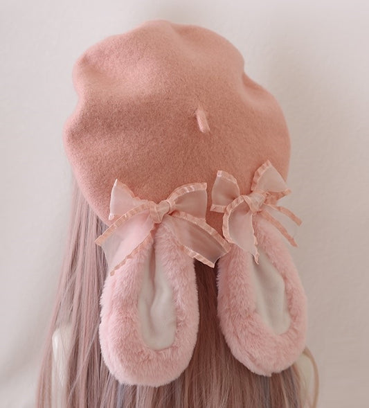 Winter Lolita Pink & Brown Lop Rabbit Ears Cute Handmade Beret Hats