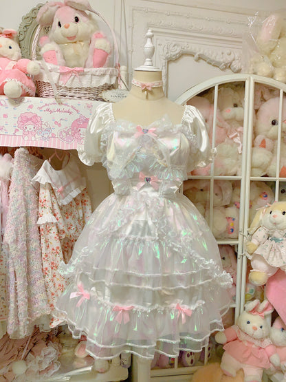 Candy Fairy Run Away Princess Sparkling Ruffled Layered Puff Sleeve White Dress