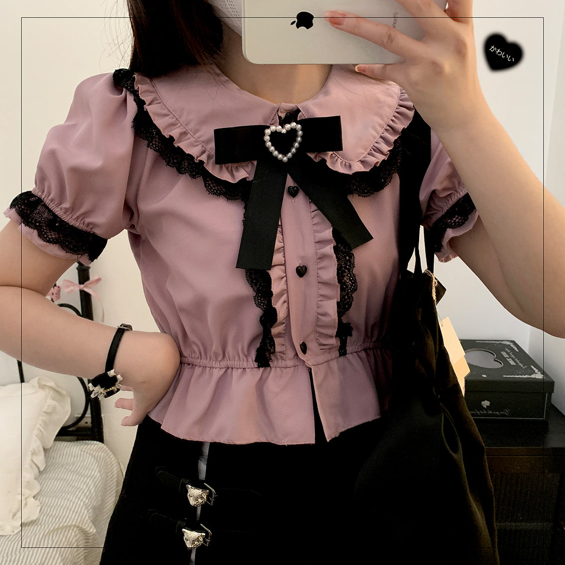 Kitten Bullet Jirai Kei Love Craft Lace Doll Collar Pink Black White Short Sleeve Shirt Blouse