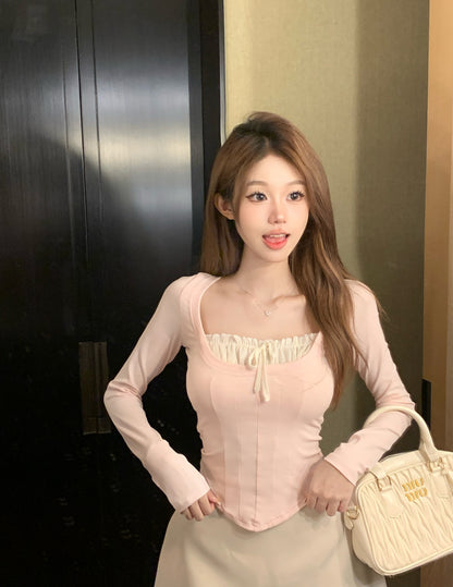 Sweet Coquette Square Neck Lace Pink & White Shirt Top