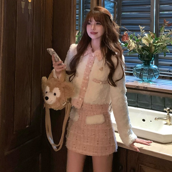 Lazy Girl Winter Elegant Lady Chic Plush White Jacket & Pink Tweed Skirt Two Piece Set