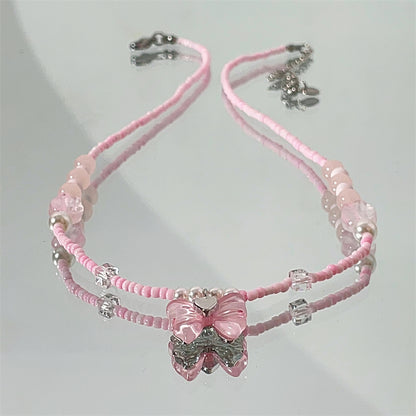 Lovely Y2K Coquette Beaded Cute Bow Love Pink Necklace