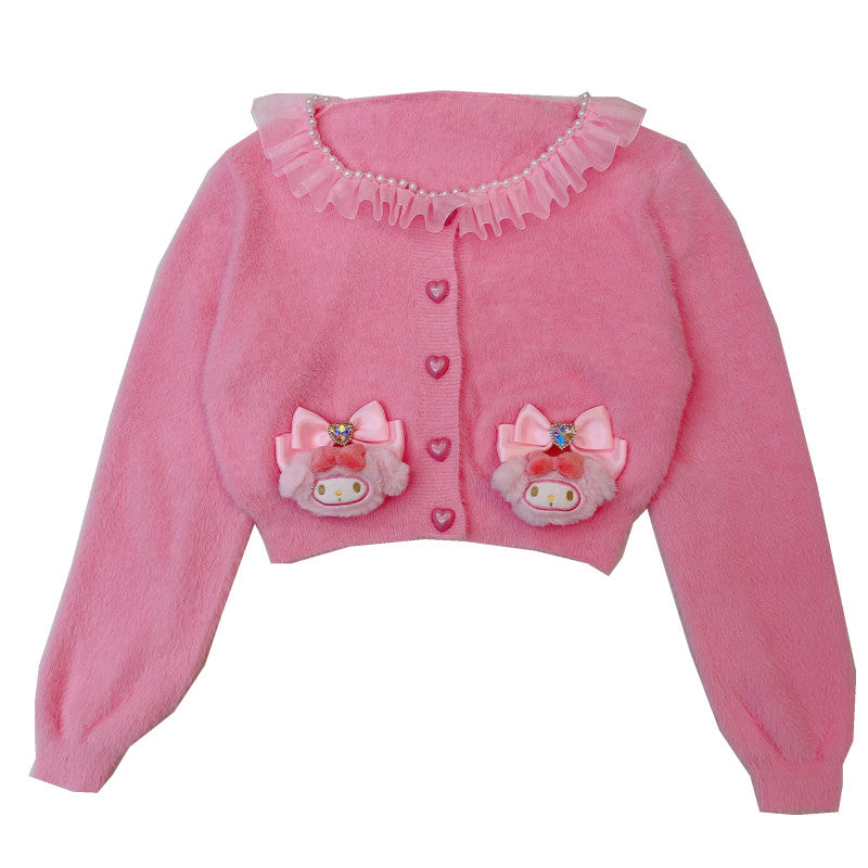 Sweetheart Princess Pink Melody Heart Buttons Plush Knit Sweater Cardigan