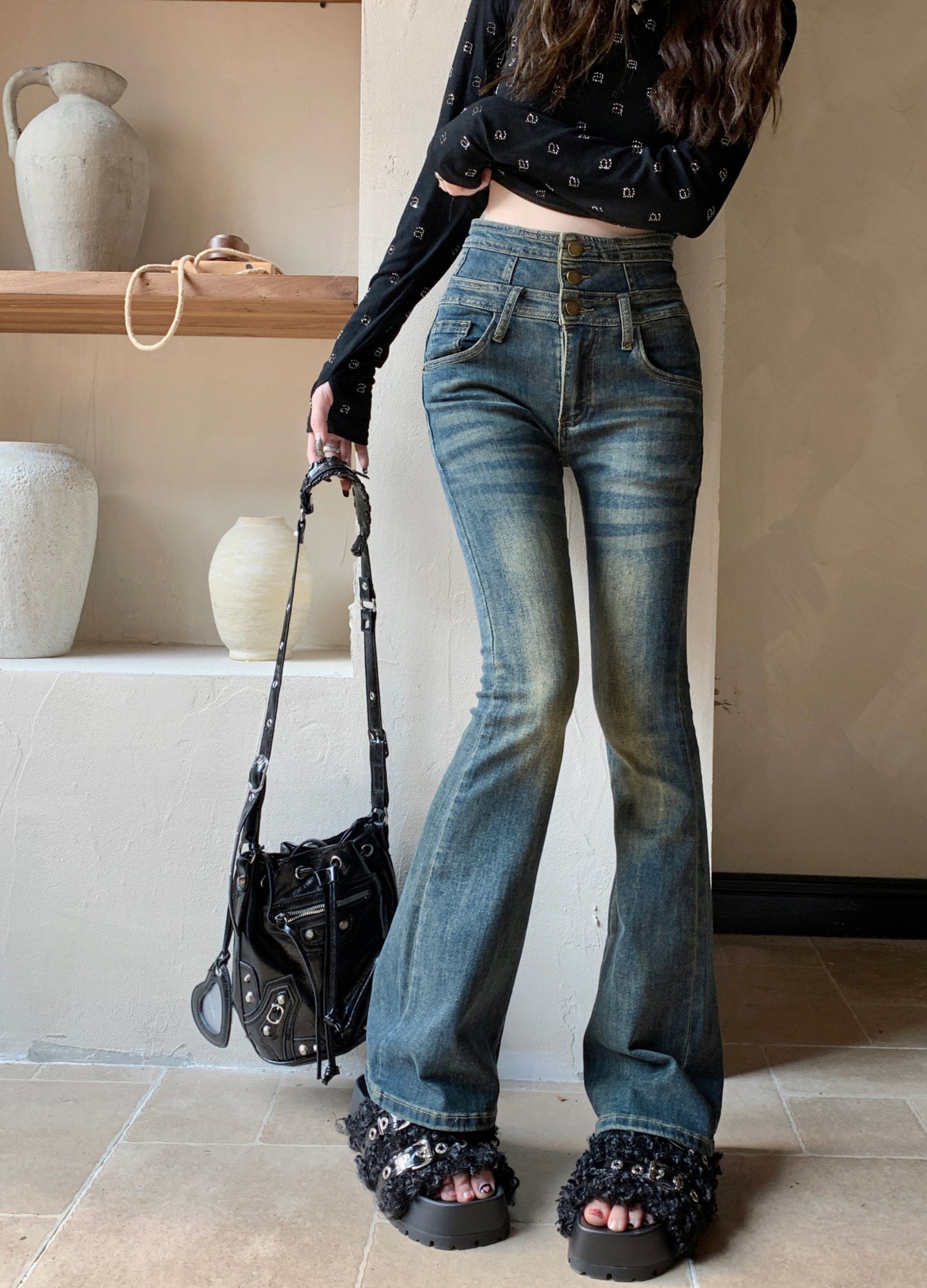 Retro Style Striped Wash Pants Denim Micro Flair Jeans