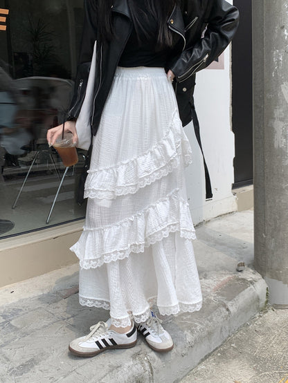 Retro Vintage Lace Crochet Slit Layered Cake White Black Skirt