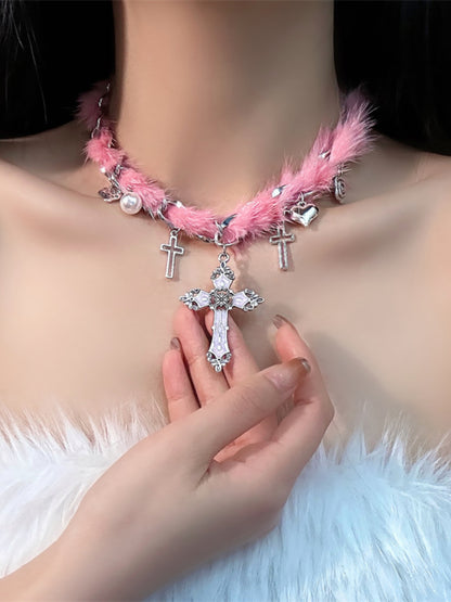 Silver Cross Magic Pink Fur Plush Necklace Collar