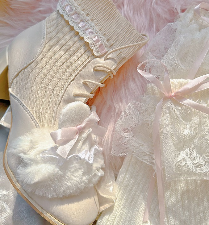 Pinky Rabbit Ears Plush Pearl Knit Coquette Winter Heels Boots Shoes & Lace Balletcore Leg Warmers