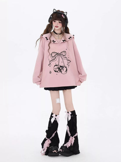 Crazy Girl Dream Ballet Cherry Pink Black Sailor Collar Sweater