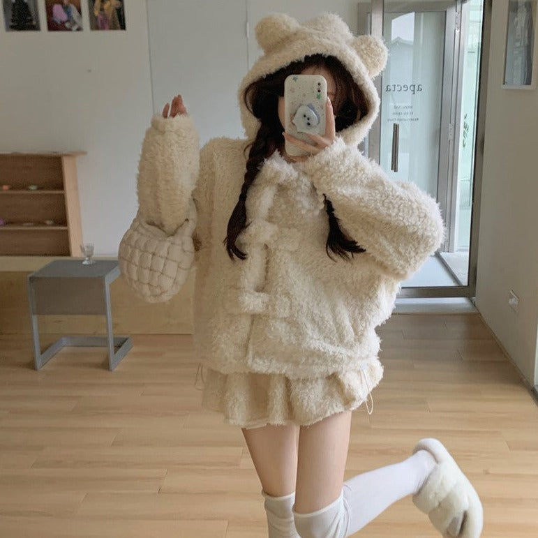 White Cute Bear Ears Hooded Wool Plush Jacket Coat Skirt Two Piece Set