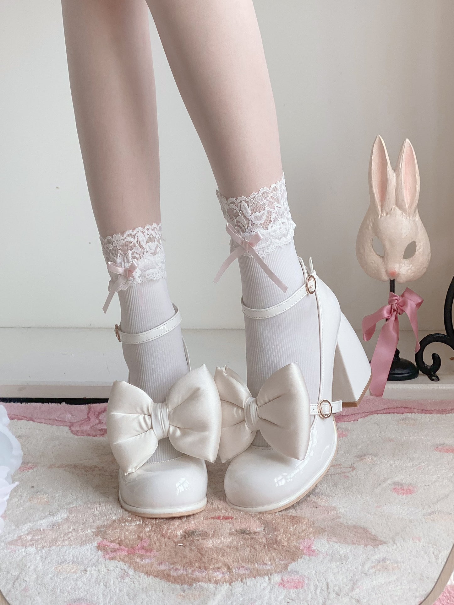 Dreamy White Tea Gradient Blush Lolita Black White Pink Blue High Heels Shoes