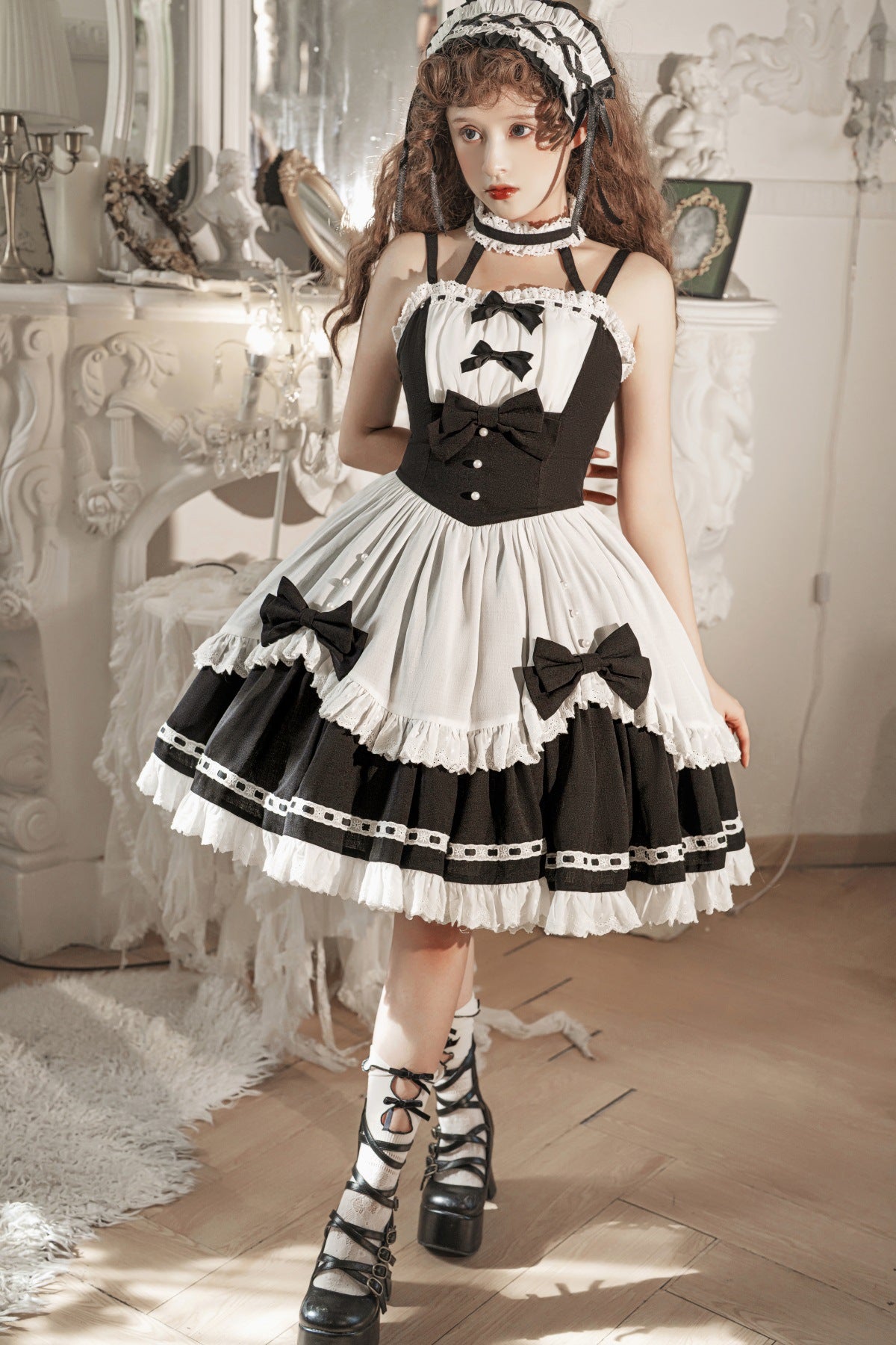 Gothic Dark Maid Cosplay EGL Black White Elegant Bow Dress & Jacket Two Piece Set