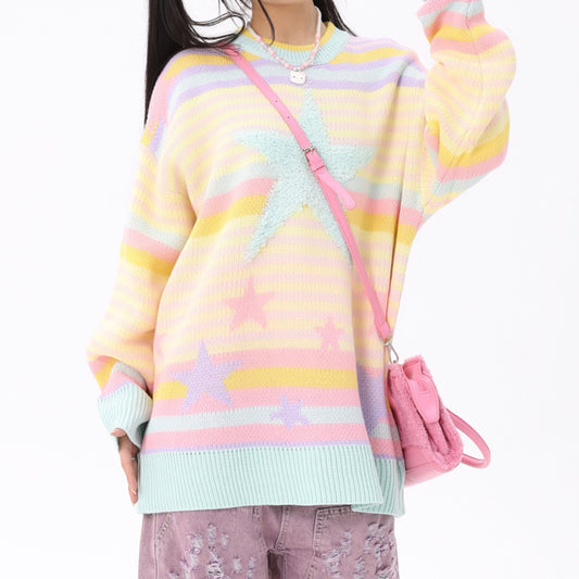 Star Autumn Winter Rainbow Colorful Striped Round Neck Pullover Sweater