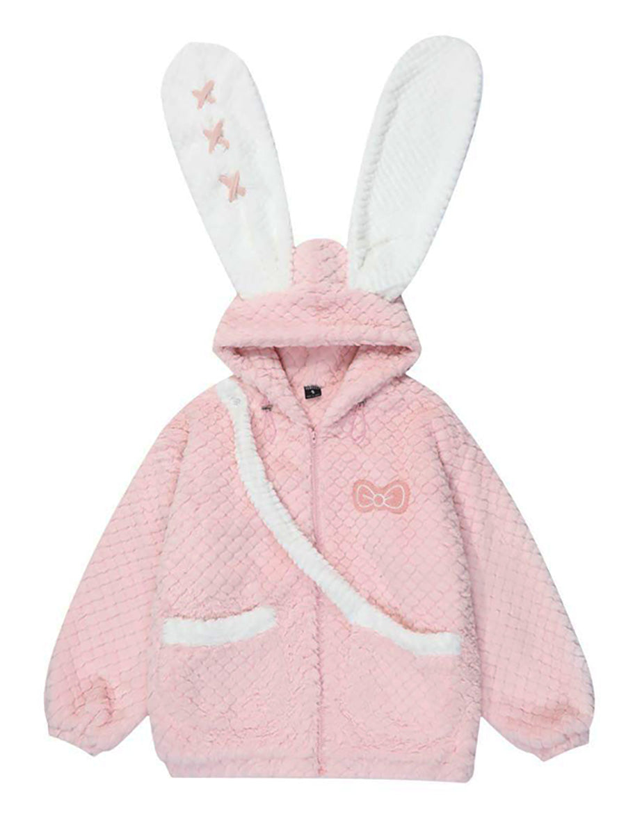 Serendipity Autumn Winter Rabbit Ears Plush Pink Hooded Jacket