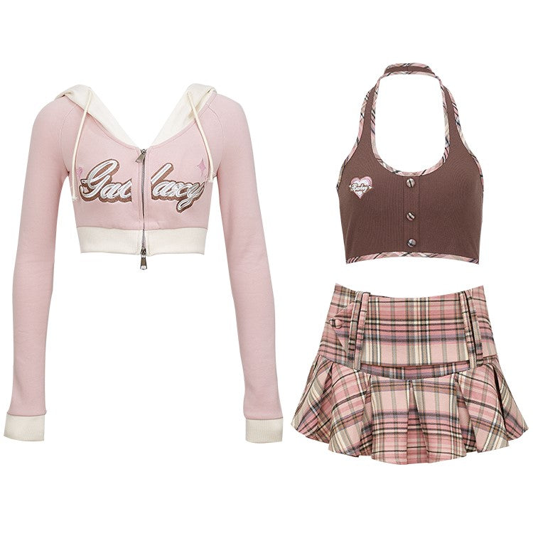 Serendipity Brown Plaid Halter Neck Tank Top & Mini Pleated Skirt & Pink Jacket Three Piece Set