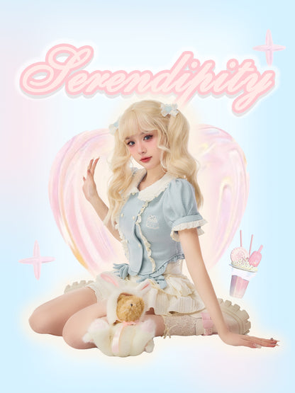 Serendipity Coquette Bear Doll Collar Blue Puff Sleeve Shirt & White Tutu Mini Skirt Two Piece Set