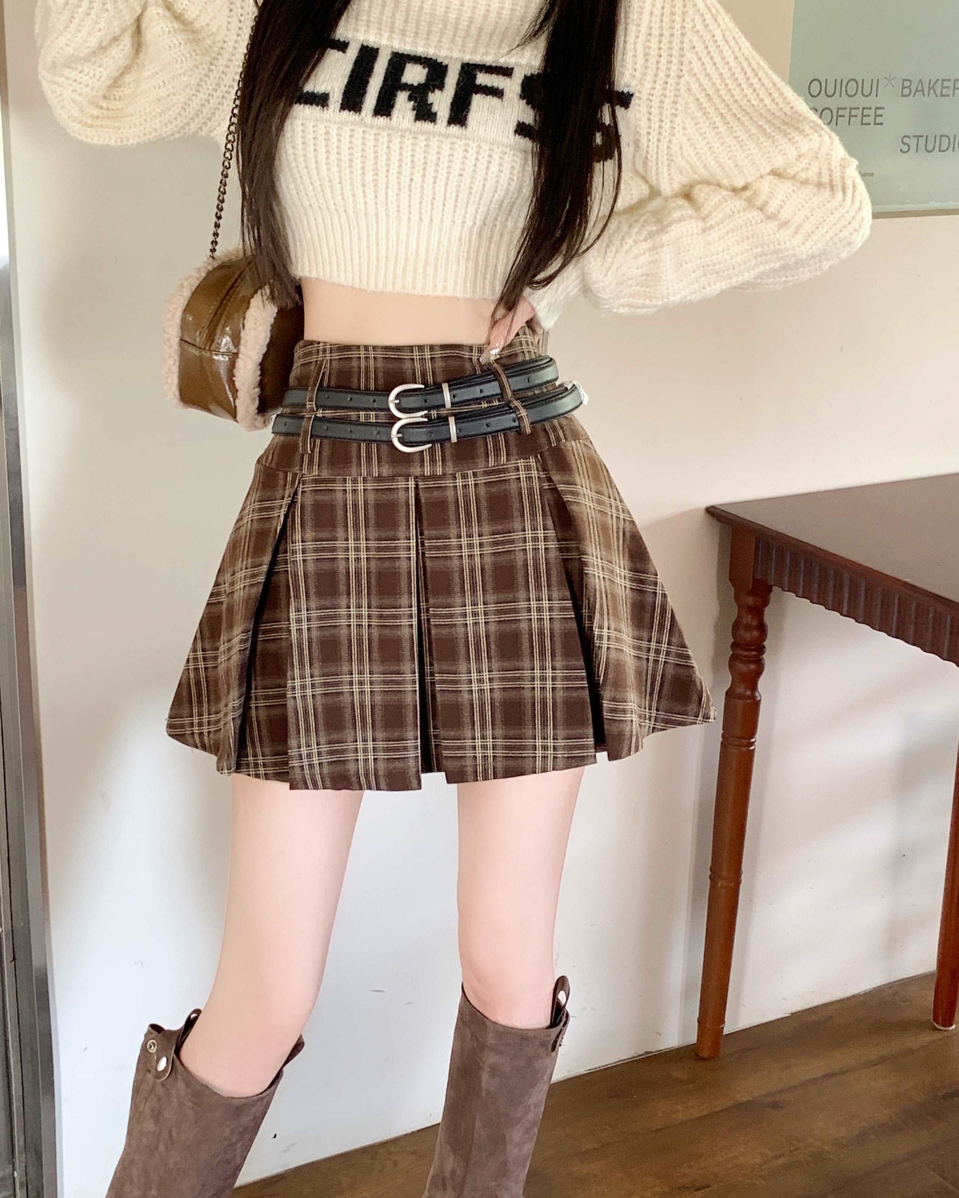 Brown Black Plaid Autumn Light Dark Academia Belt Pleated A-line Short Skirt