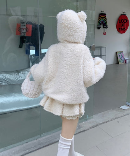 White Cute Bear Ears Hooded Wool Plush Jacket Coat Skirt Two Piece Set