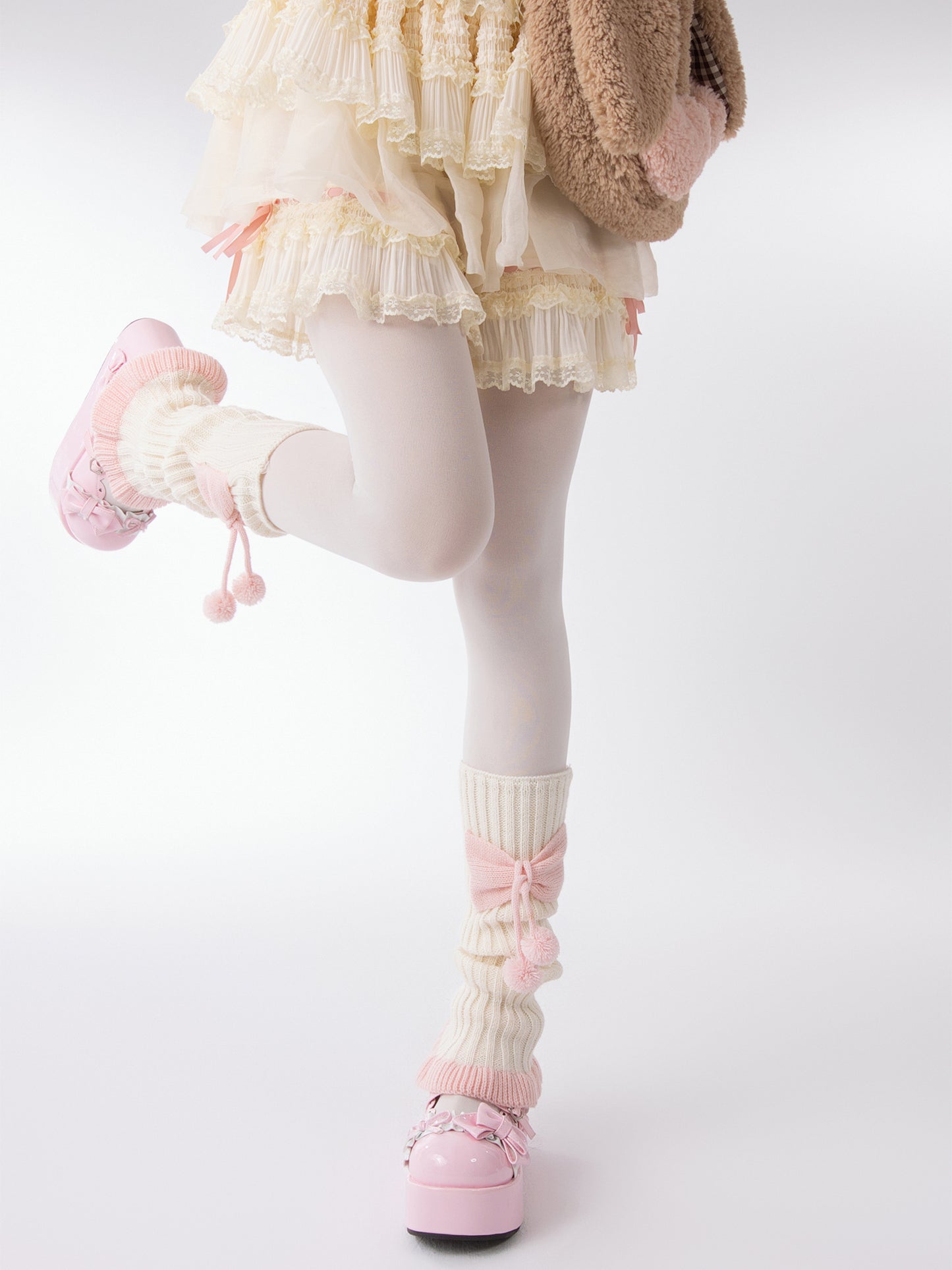 Sweet Lolita Pink Bow Pompom Balls Knit White Leg Warmers