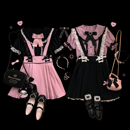 Kitten Bullet Jirai Kei Love Craft Lace Doll Collar Pink Black White Short Sleeve Shirt Blouse