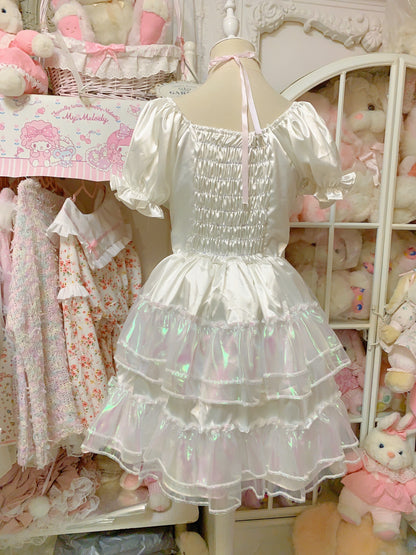 Candy Fairy Run Away Princess Sparkling Ruffled Layered Puff Sleeve White Dress