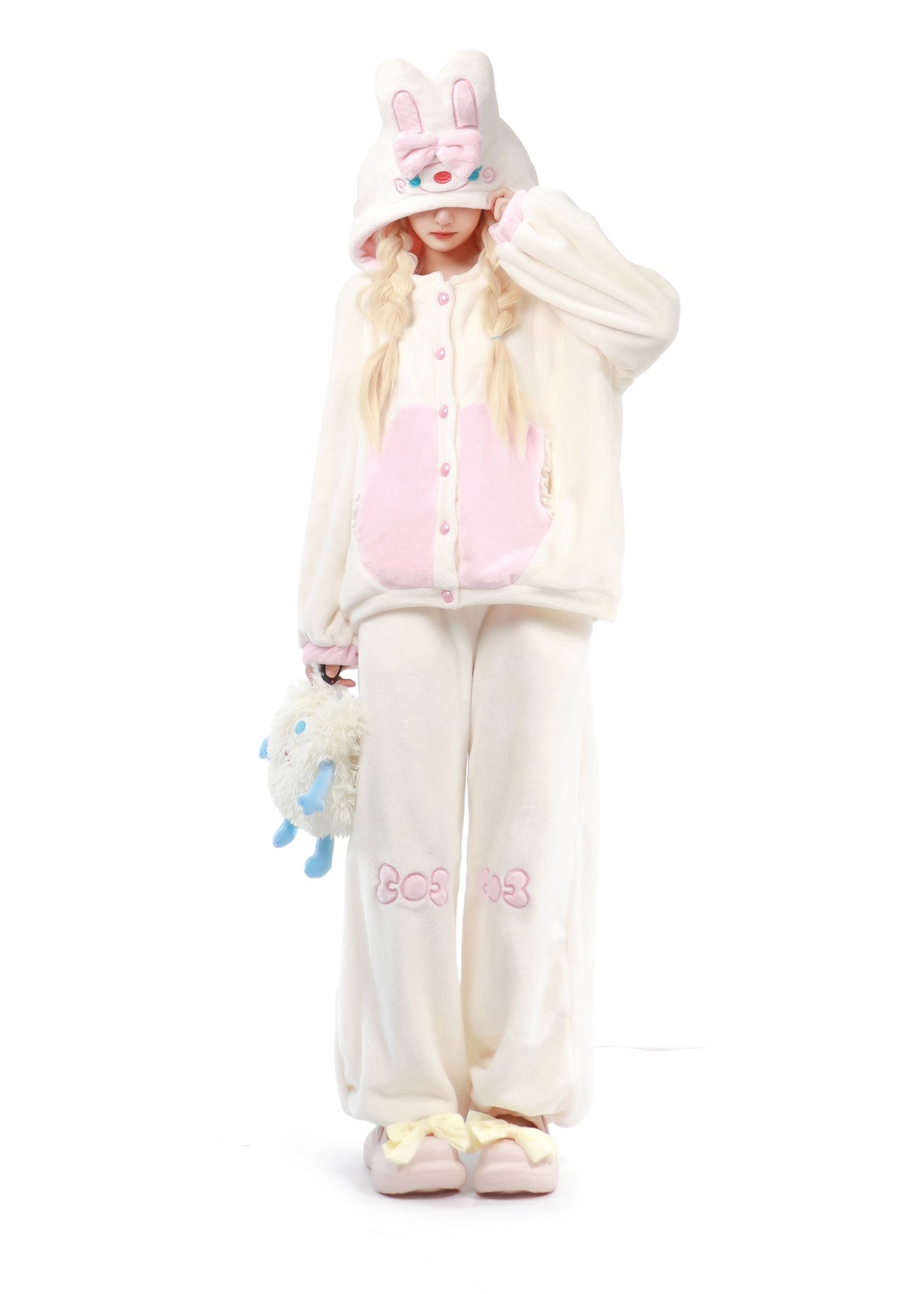 Maiden Park Rabbit Ears White Brown Coral Fleece Winter Pajamas Hooded Tops & Pants Two Piece