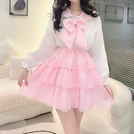 Candy Fairy Cosplay Sailor Collar Bow Sweet Ruffled Pink White Dress