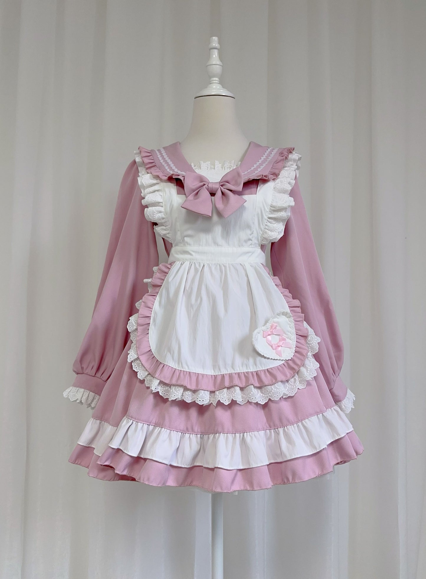 Serendipity Lolita Cosplay Blue & Pink Lace Ruffled Apron Maid Dress