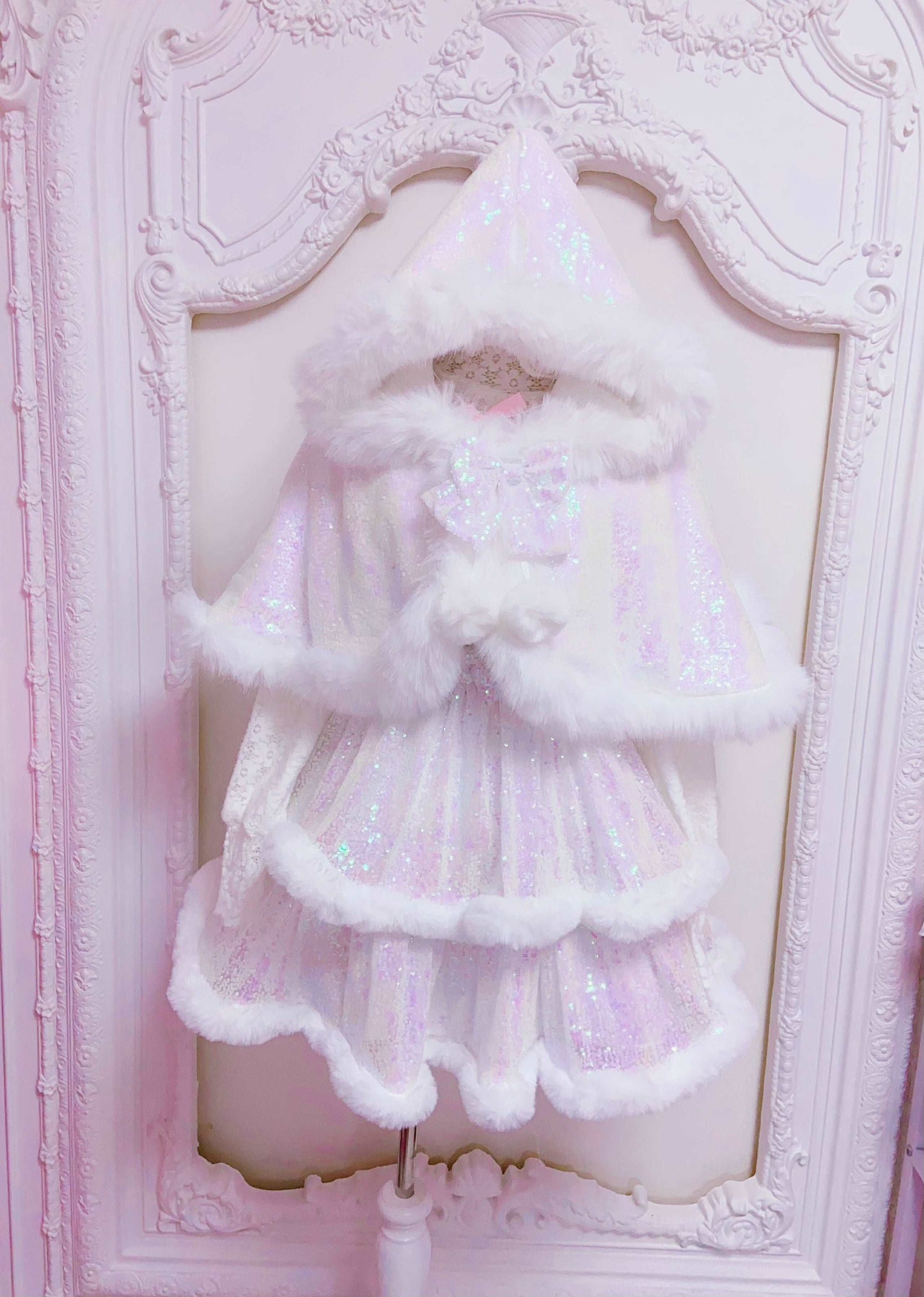 Candy Fairy Winter Princess Pink & White Ruffled Strap Dress & Hooded Cape Cloak Two Piece Set