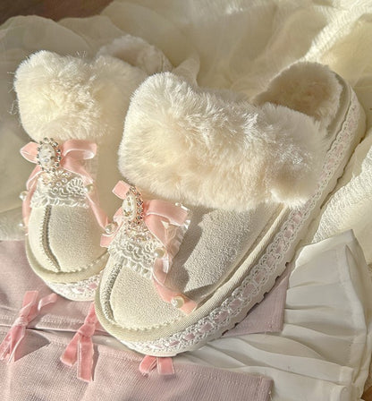 Pinky Winter Cute Sweet Princess White Pink Fur Slippers Shoes