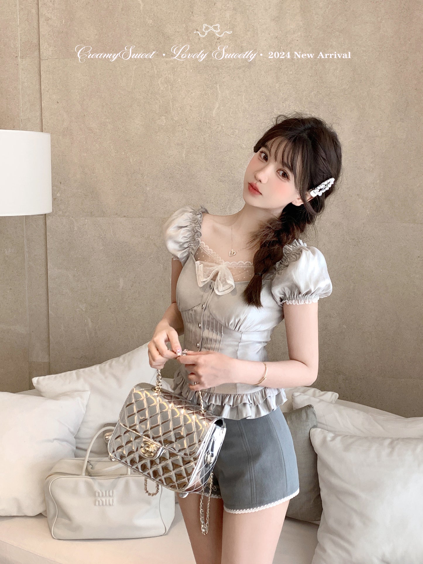 Creamy Sweet Silver Gray Blouse & White Ruffle Skirt Two Piece Set