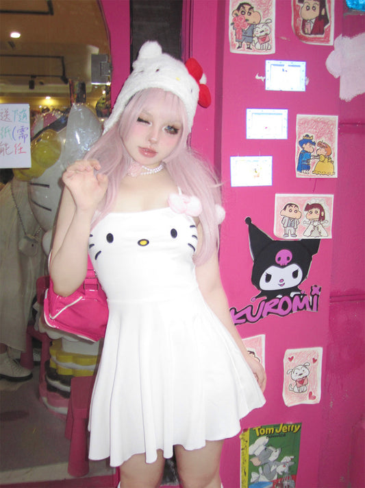 Cute Tasty Kitty Cat White Suspender Dress