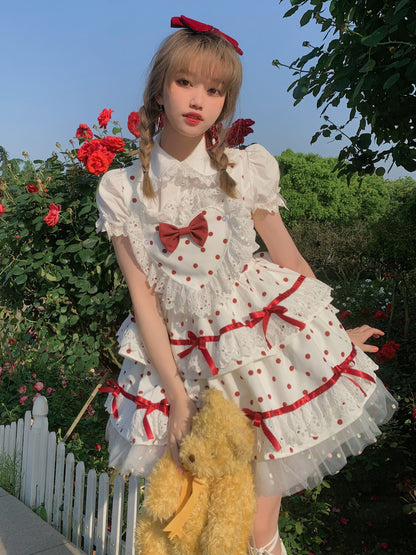 Picnic Girl Lolita Polka Dot Fruity White Ruffled Strap Dress