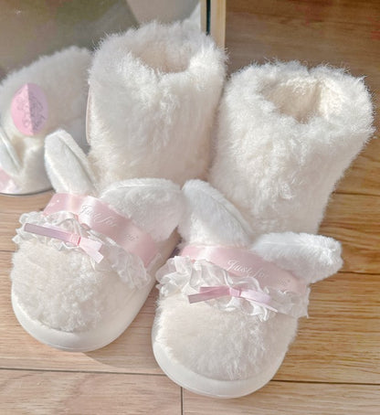 Pinky Cute Winter Plush Pink Bow Cat Ears Lace White Snow Boots Shoes