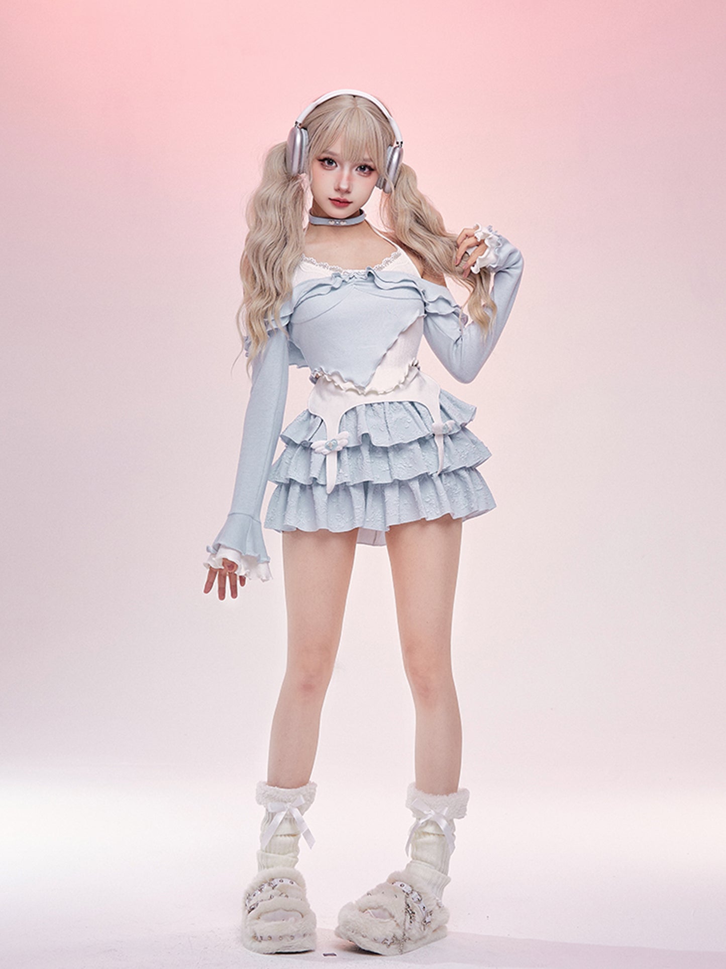 Serendipity Sea Salt Ruffled Pastel Blue Shirt Top & Skirt Two Piece Set