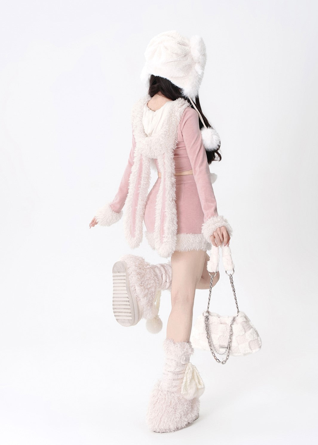 Young Eyes Autumn Pink Rabbit Ears Plush Fur Hooded Jacket & Skirt Two Piece Set