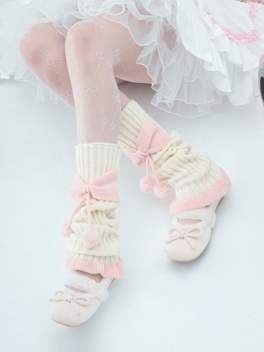 Sweet Lolita Pink Bow Pompom Balls Knit White Leg Warmers