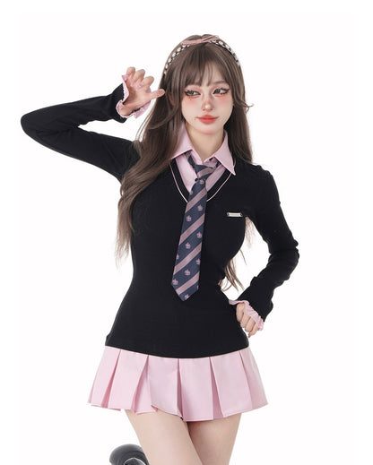 Young Eyes Academia High School Girl Black Pink Polo Collar Dress