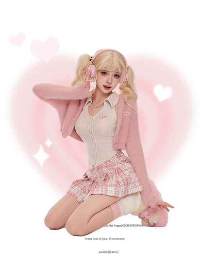 Serendipity Autumn Sweet Pink Plush Cardigan Jacket & White Shirt & Plaid Mini Skirt Three Piece Set