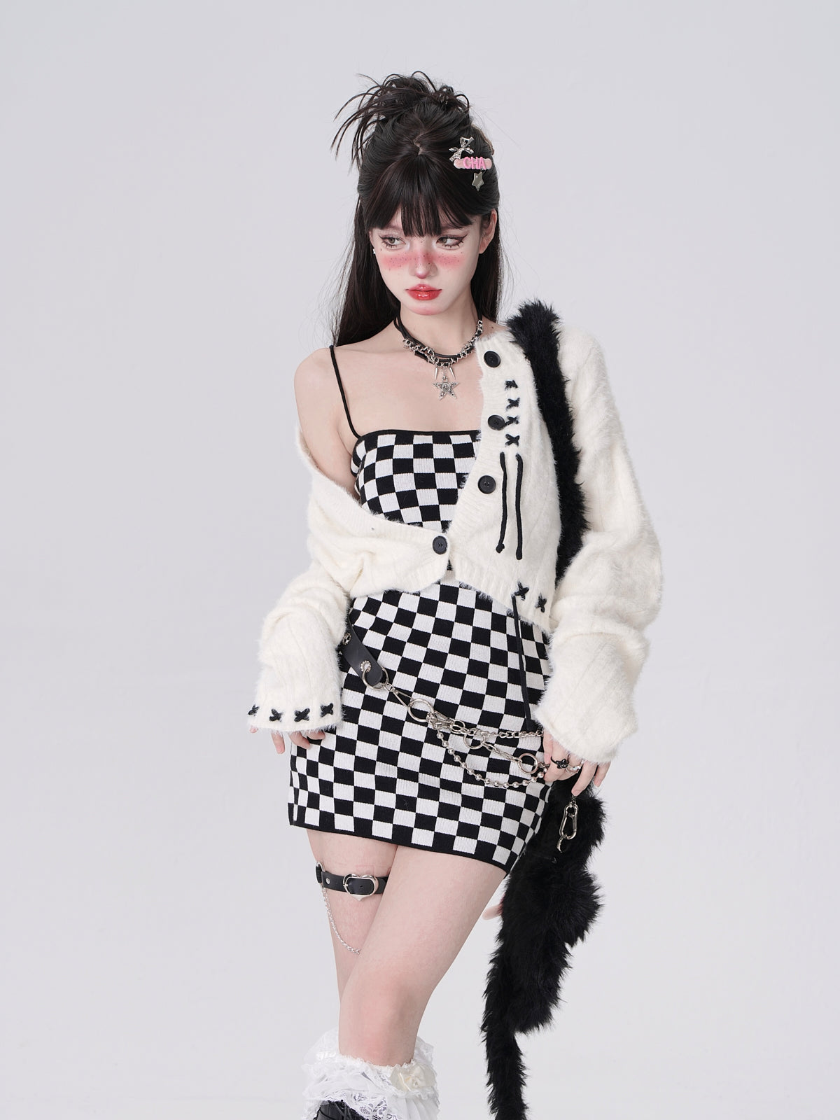 Young Eyes Hot Pink Black White Fall Checkerboard Bodycon Strap Dress & Plush Cardigan Jacket Two Piece Set