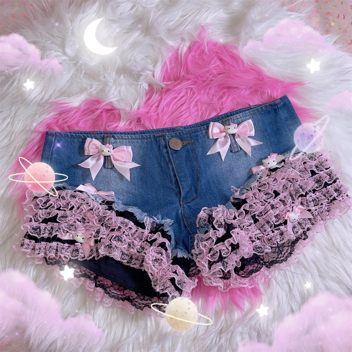 Y2K Hot Girl Lace Kitty Bow Sexy Summer Tight Denim Shorts