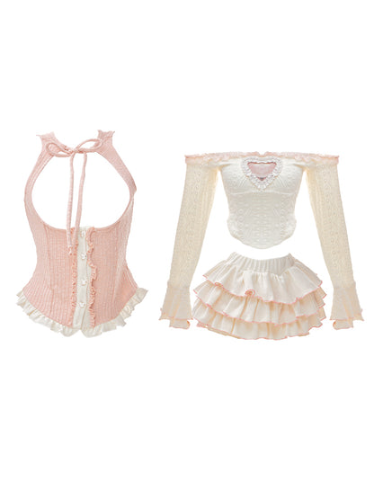 Serendipity Angel Love Coquette Balletcore Pink White Vest Long Sleeve Shirt Skirt Three Piece Set