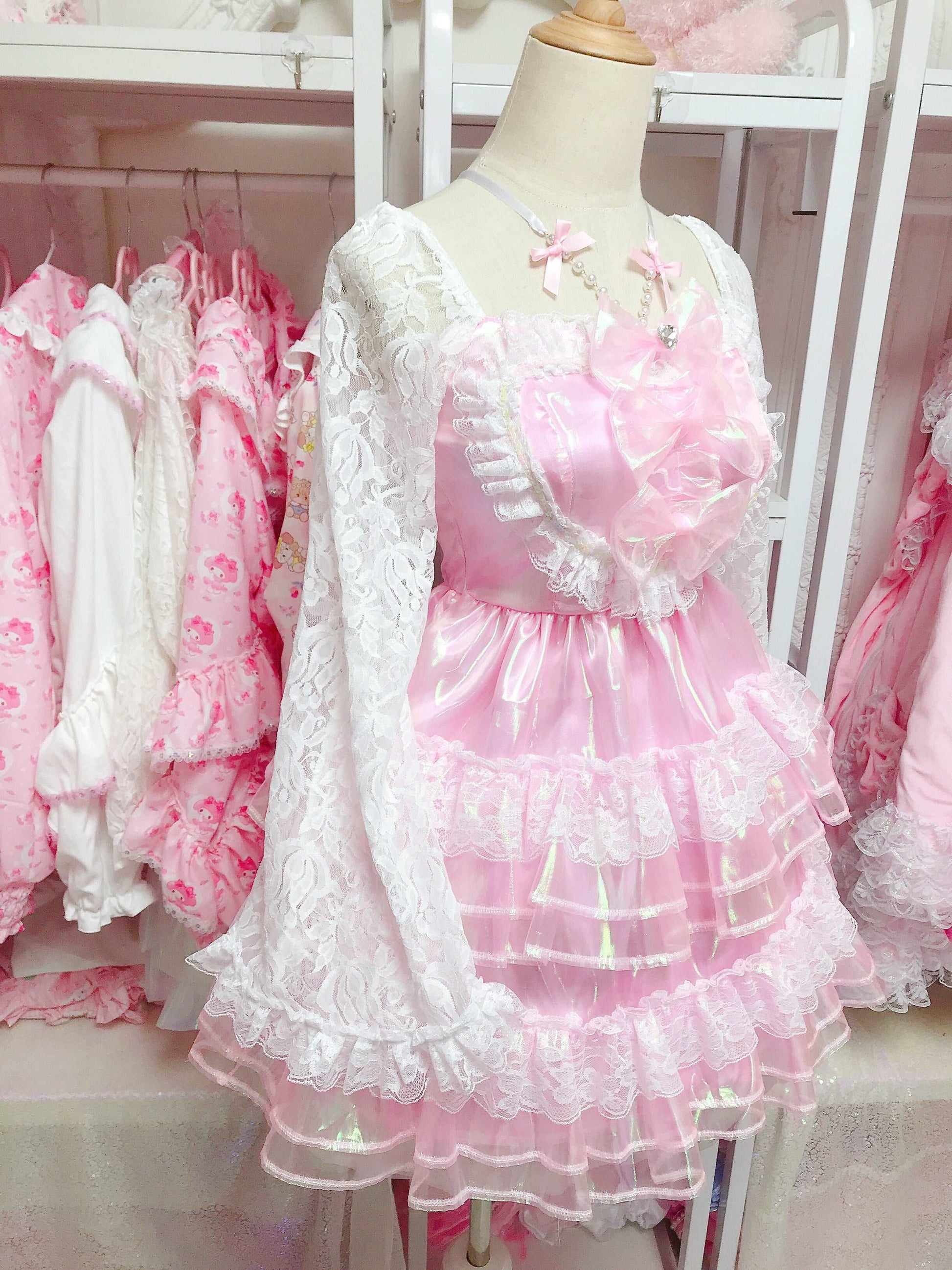 Candy Fairy Party Banquet Sweet Pink Sparkling Ruffled Long Sleeve Dress