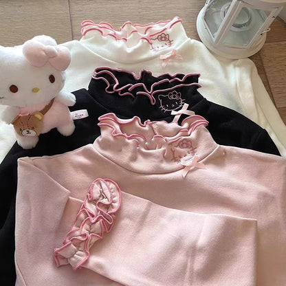 Soft Ruffled Collar Sleeve Pink White Black Kitty Cat Velvet Shirt Top