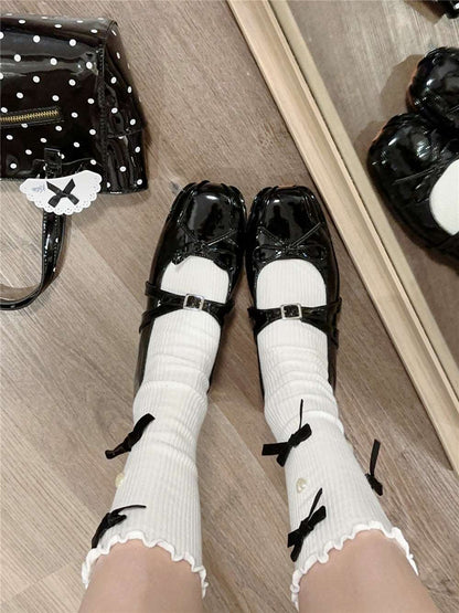 Coquette Black Bow Heart Mid Calf White Socks