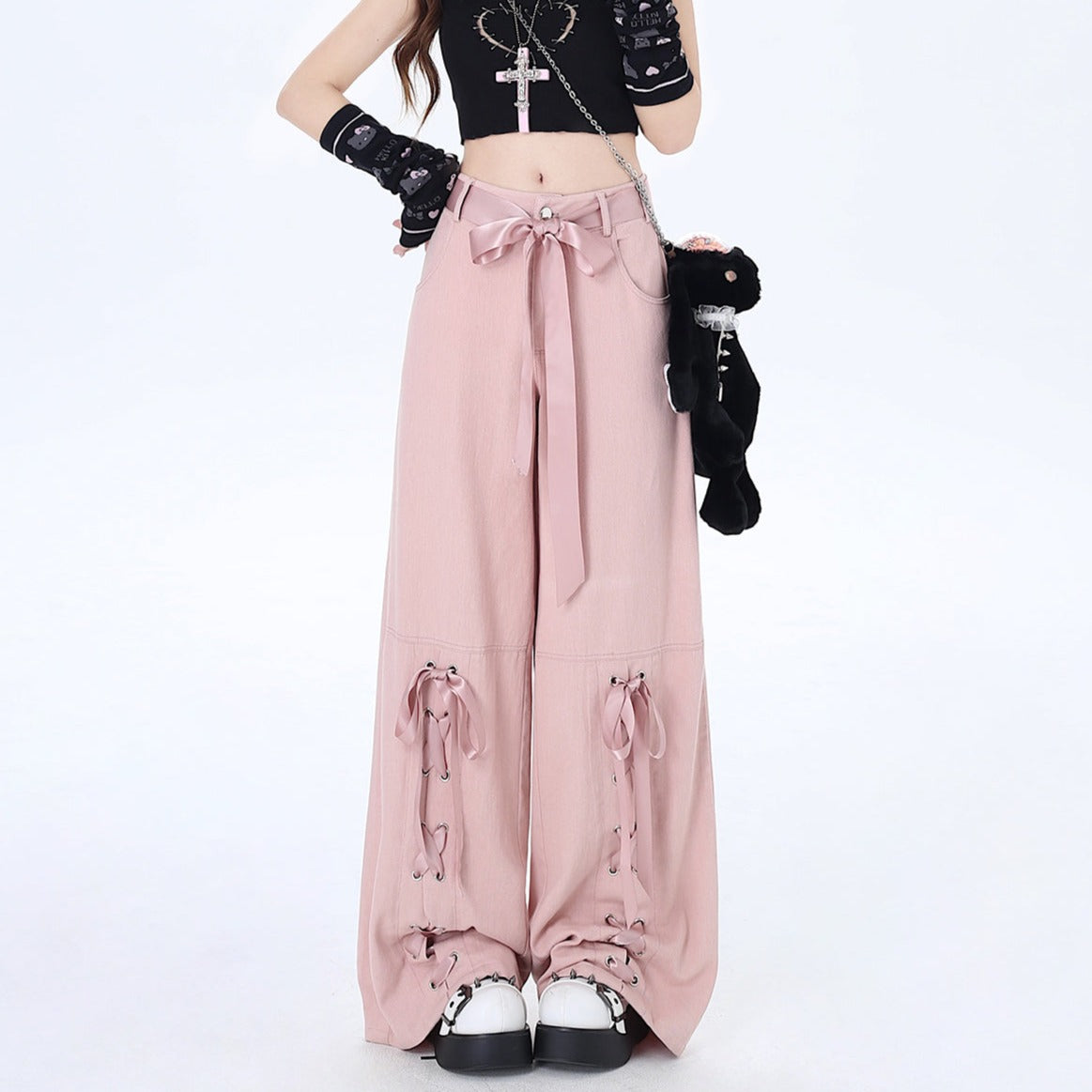 Crazy Girl Pink Mist Balletcore Bow Pink Wide Leg Jeans Pants