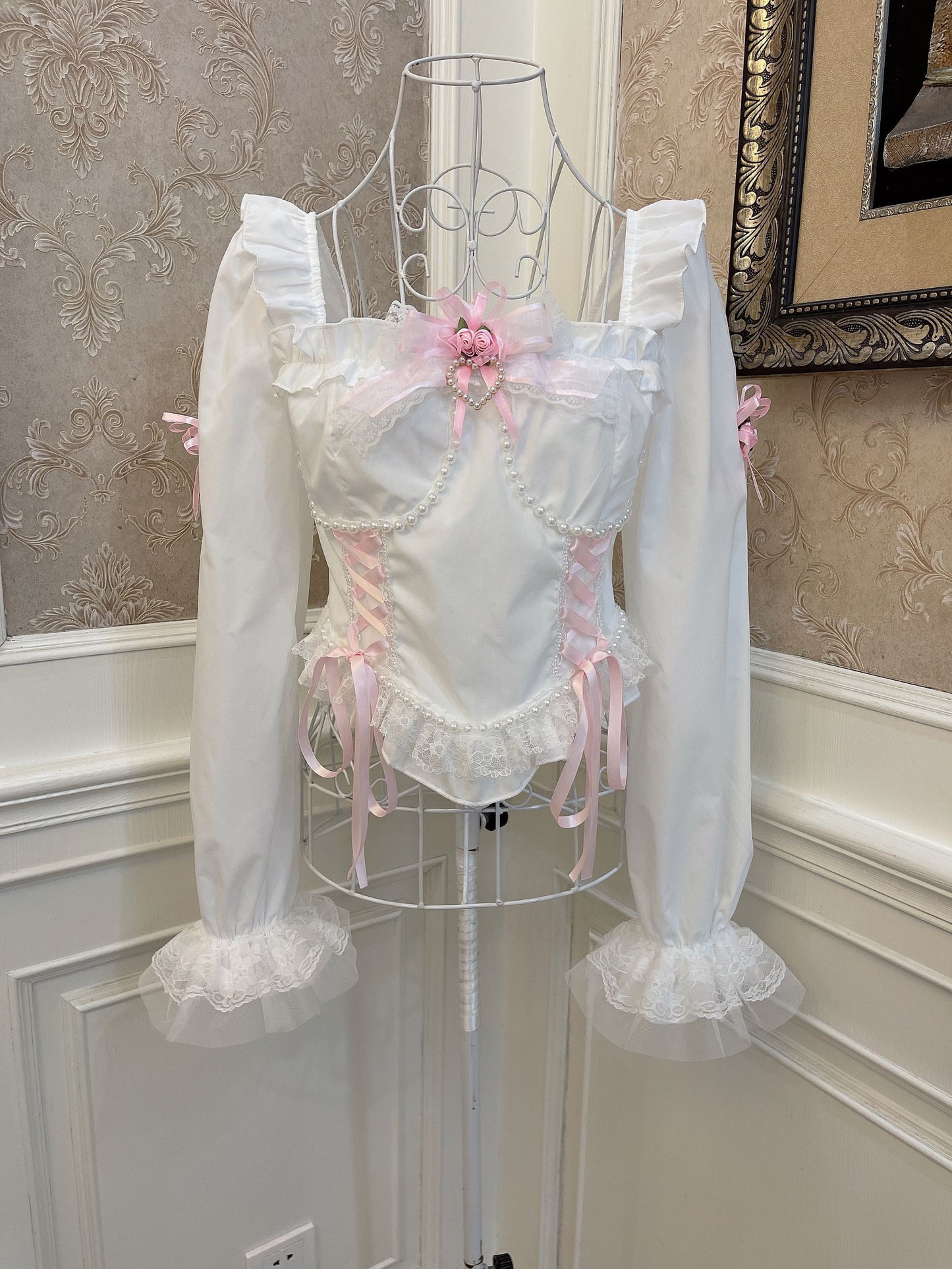 Sweetheart Princess Rose White Trumpet Sleeve Shirt & Mini Skirt Two Piece Set