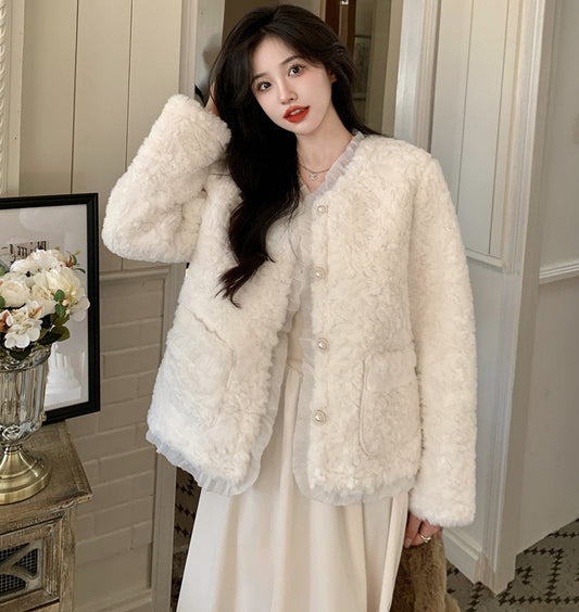 Winter Luxury Elegant Chic Plush White Apricot Jacket