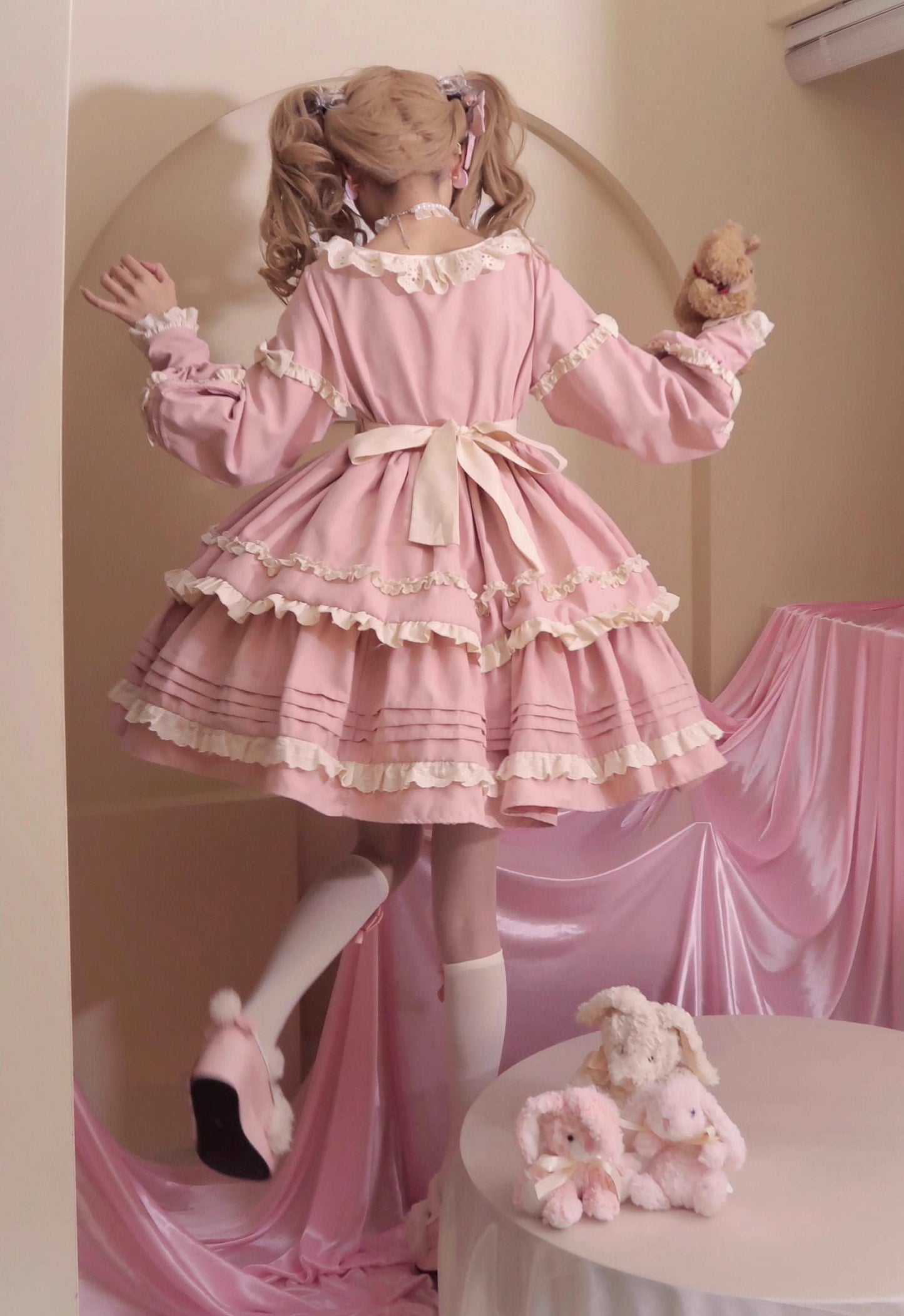 EGL Bear Pink Brown Puff Sleeve Ruffle Cake Dress